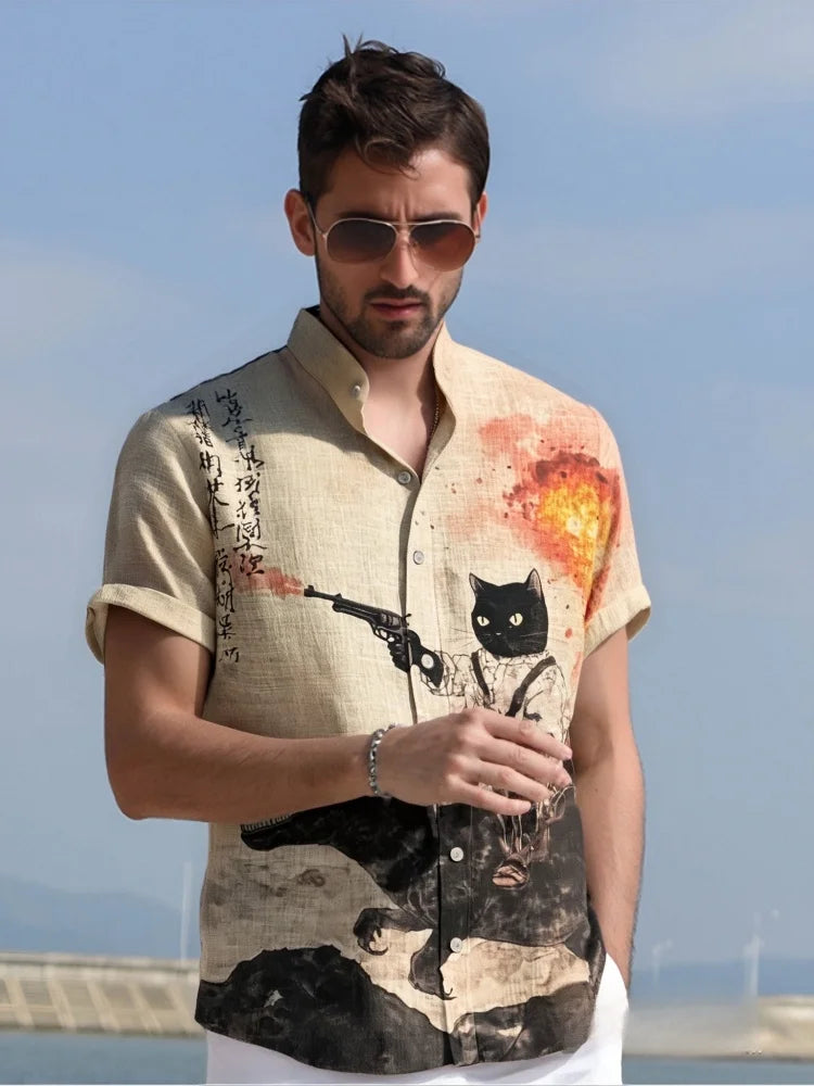 Retro Calligraphy Cat Dinosaur Volcanic Eruption t-shirt
